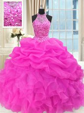Artistic Pick Ups Hot Pink Sleeveless Organza Lace Up Quinceanera Dresses for Military Ball and Sweet 16 and Quinceanera
