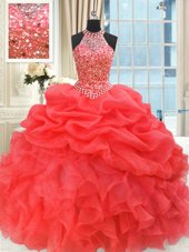 Simple Pick Ups Ball Gowns Sweet 16 Dresses Coral Red High-neck Organza Sleeveless Floor Length Lace Up