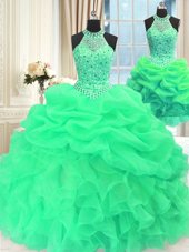 Three Piece Green Lace Up High-neck Beading and Pick Ups 15th Birthday Dress Organza Sleeveless