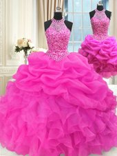Comfortable Three Piece Hot Pink Sleeveless Beading and Pick Ups Floor Length Quinceanera Gowns