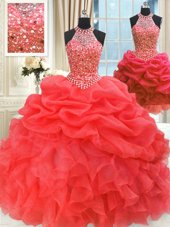 On Sale Three Piece Red Sleeveless Beading and Pick Ups Floor Length Ball Gown Prom Dress