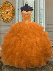 Glittering Beading and Embroidery and Ruffles Vestidos de Quinceanera Orange Lace Up Sleeveless Floor Length