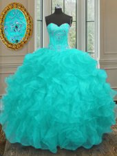 Amazing Sweetheart Sleeveless Quinceanera Dresses Floor Length Beading and Embroidery and Ruffles Aqua Blue Organza