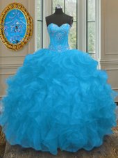 Sumptuous Blue Sweet 16 Dress Military Ball and Sweet 16 and Quinceanera and For with Beading and Ruffles Sweetheart Sleeveless Lace Up