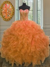 High End Orange Lace Up Sweetheart Beading and Ruffles Quinceanera Dresses Organza Sleeveless