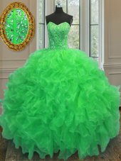Unique Green Organza Lace Up Quinceanera Gowns Sleeveless Floor Length Beading and Ruffles