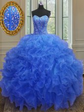 Decent Sleeveless Floor Length Beading and Ruffles Lace Up Quinceanera Gowns with Blue