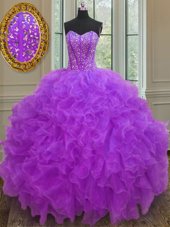 Purple Sweet 16 Dresses Military Ball and Sweet 16 and Quinceanera and For with Beading and Ruffles Sweetheart Sleeveless Lace Up