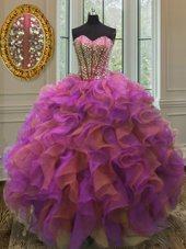 Top Selling Sweetheart Sleeveless Quinceanera Gown Floor Length Beading and Ruffles Multi-color Organza