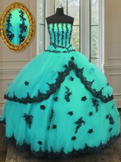 Customized Strapless Sleeveless Quinceanera Dress Floor Length Appliques Turquoise Tulle