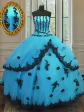 Glorious Sleeveless Floor Length Appliques Lace Up Vestidos de Quinceanera with Aqua Blue