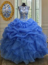 Scoop Floor Length Ball Gowns Sleeveless Blue Quinceanera Gown Lace Up