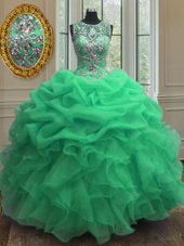 Scoop Green Sleeveless Floor Length Beading and Ruffles Lace Up Ball Gown Prom Dress
