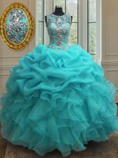 Stylish Baby Blue Scoop Neckline Beading and Ruffles Quinceanera Dress Sleeveless Lace Up