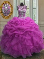 Comfortable Scoop Sleeveless Floor Length Beading and Ruffles and Pick Ups Lace Up Quinceanera Dresses with Fuchsia