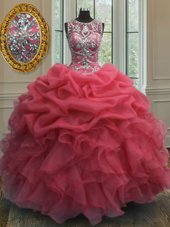 Luxury Scoop Floor Length Coral Red Quinceanera Dresses Organza Sleeveless Beading and Ruffles and Pick Ups