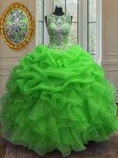 Fashionable Scoop Sleeveless Organza Quince Ball Gowns Beading and Ruffles and Pick Ups Lace Up