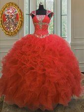 Low Price Straps Straps Coral Red Ball Gowns Beading and Ruffles and Sequins Sweet 16 Quinceanera Dress Lace Up Organza Cap Sleeves Floor Length