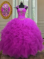 Great Fuchsia Ball Gowns Organza Straps Sleeveless Beading and Ruffles and Sequins Floor Length Lace Up Ball Gown Prom Dress
