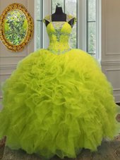 Clearance Straps Straps Sequins Yellow Green Cap Sleeves Organza Lace Up Quince Ball Gowns for Military Ball and Sweet 16 and Quinceanera