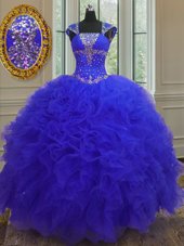 Sequins Ball Gowns Sweet 16 Dress Blue Straps Organza Cap Sleeves High Low Lace Up
