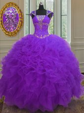 Captivating Straps Straps Floor Length Purple Ball Gown Prom Dress Organza Cap Sleeves Beading and Ruffles and Sequins