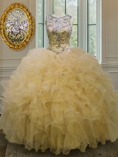 Graceful Organza Scoop Sleeveless Lace Up Beading and Ruffles Sweet 16 Dresses in Light Yellow