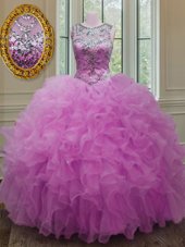 Modest Scoop Lilac Sleeveless Beading and Ruffles Floor Length Sweet 16 Dress