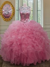 Chic Scoop Sleeveless Floor Length Beading and Ruffles Lace Up 15th Birthday Dress with Rose Pink