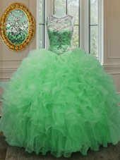 Colorful Scoop Green Organza Lace Up Quinceanera Gown Sleeveless Floor Length Beading and Ruffles