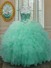 Organza Scoop Sleeveless Lace Up Beading and Ruffles Vestidos de Quinceanera in Apple Green