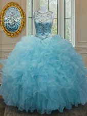 Comfortable Scoop Sleeveless Lace Up 15th Birthday Dress Aqua Blue Organza