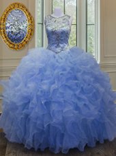 Organza Scoop Sleeveless Lace Up Beading and Ruffles 15 Quinceanera Dress in Blue