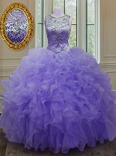 Simple Scoop Floor Length Lavender Quinceanera Gowns Organza Sleeveless Beading and Ruffles