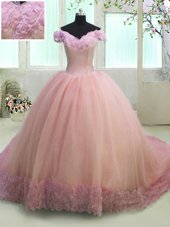 Charming Off the Shoulder Pink Short Sleeves Organza Court Train Lace Up Sweet 16 Dresses for Military Ball and Sweet 16 and Quinceanera