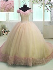 Top Selling Light Yellow Ball Gowns Organza Off The Shoulder Short Sleeves Hand Made Flower With Train Lace Up Ball Gown Prom Dress Court Train