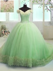 Wonderful Off the Shoulder Hand Made Flower Quinceanera Dress Yellow Green Lace Up Short Sleeves With Train Court Train