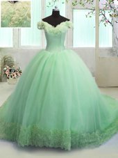 Popular Off The Shoulder Short Sleeves Organza Ball Gown Prom Dress Hand Made Flower Court Train Lace Up