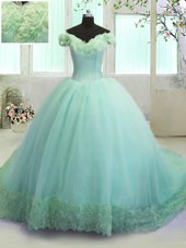 Fashion Off the Shoulder With Train Ball Gowns Sleeveless Turquoise Sweet 16 Quinceanera Dress Court Train Lace Up
