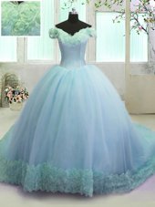 Dramatic Off the Shoulder Sleeveless Court Train Hand Made Flower Lace Up 15th Birthday Dress