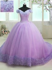 Excellent Off the Shoulder Lilac Short Sleeves Court Train Hand Made Flower With Train Quinceanera Gowns