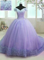 Lilac Quinceanera Dresses Military Ball and Sweet 16 and Quinceanera and For with Hand Made Flower Off The Shoulder Short Sleeves Court Train Lace Up