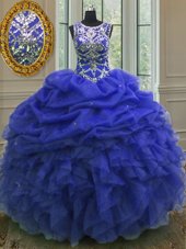 Perfect Scoop Pick Ups Royal Blue Sleeveless Organza Lace Up 15th Birthday Dress for Military Ball and Sweet 16 and Quinceanera