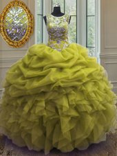 Dramatic Scoop Yellow Green Organza Lace Up Vestidos de Quinceanera Sleeveless Floor Length Beading and Ruffles and Pick Ups