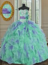 Dramatic Multi-color Organza Lace Up Quinceanera Dress Sleeveless Floor Length Beading and Appliques and Ruffles and Sashes|ribbons and Hand Made Flower