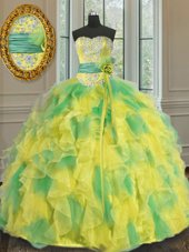 Modest Halter Top Floor Length Lace Up Quinceanera Dress Multi-color and In for Military Ball and Sweet 16 and Quinceanera with Beading and Appliques and Ruffles and Sashes|ribbons and Hand Made Flower