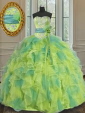 Sexy Sleeveless Floor Length Beading and Appliques and Ruffles and Sashes|ribbons and Hand Made Flower Lace Up Quinceanera Dresses with Multi-color
