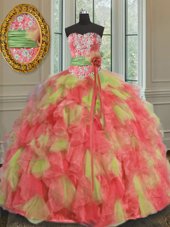 High End Multi-color Ball Gowns Organza Sweetheart Sleeveless Beading and Ruffles and Sashes|ribbons Floor Length Lace Up Sweet 16 Dresses