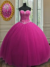 Floor Length Lace Up Quince Ball Gowns Fuchsia and In for Military Ball and Sweet 16 and Quinceanera with Beading and Sequins