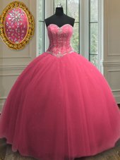 Stunning Hot Pink Tulle Lace Up Quinceanera Gowns Sleeveless Floor Length Beading and Sequins